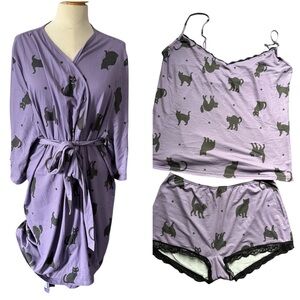 ModCloth Pajama & Robe set lavender purple Cat Print Sleep 2X 3X GUC cat lady